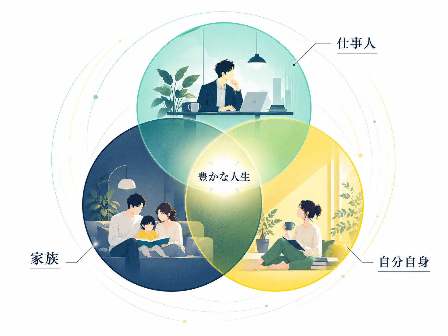 仕事人・家族・自分自身の3つの役割と豊かな人生を表した図